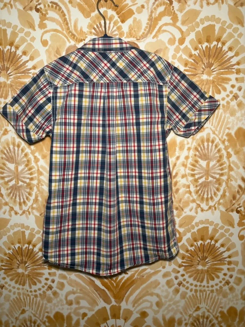 Tommy Hilfiger-Sleeve Plaid Button-Up Shirt in Navy, Red & Yellow Size 7